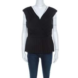 Escada Black Crepe Sleeveless Pleated Peplum Blouse L