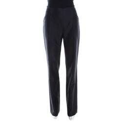 Escada Black Slub Cotton and Silk High Waist Straight Leg Pants M
