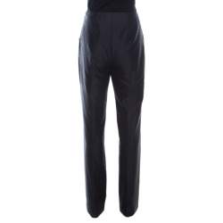 Escada Black Slub Cotton and Silk High Waist Straight Leg Pants M