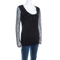 Pre Owned Escada Black Lace Overlay Jersey Crystal Embellished Scoop Neck Erbrou Top S