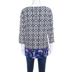 Escada Black Rose Motif Print Silk Contrast Panel Narayanin Tunic Blouse M