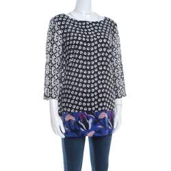 Escada Black Rose Motif Print Silk Contrast Panel Narayanin Tunic Blouse M