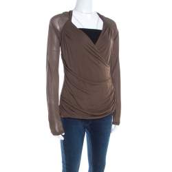 Escada Olive Green Stretch Knit Draped Faux Wrap Bodice Top M