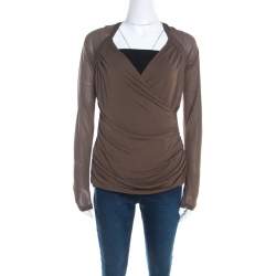 Escada Olive Green Stretch Knit Draped Faux Wrap Bodice Top M