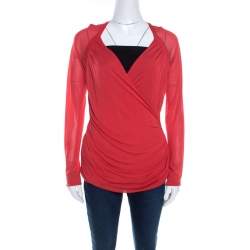 Escada Lipstick Red Stretch Knit Draped Faux Wrap Bodice Top M