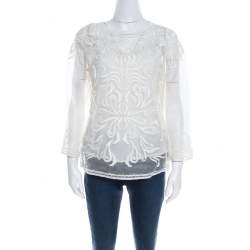 Escada Off White Embroidered Sheer Silk Organza Long Sleeve Nensa Blouse M