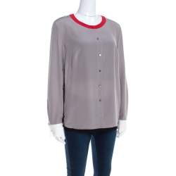 Escada Pewter Grey Silk Contrast Trim Long Sleeve Nendi Blouse M