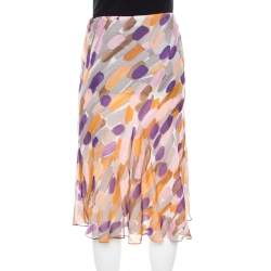 Pre Owned Escada Multicolor Brushstroke Print Silk Ruched Front Flared Skirt M