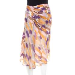 Pre Owned Escada Multicolor Brushstroke Print Silk Ruched Front Flared Skirt M