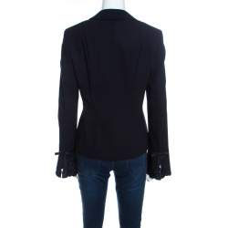 Escada Navy Blue Crepe Wool Embroidered Cuff Trim Button Front Blazer M