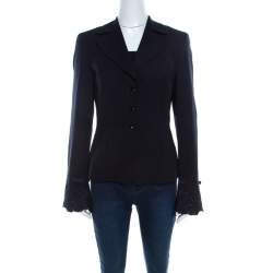 Escada Navy Blue Crepe Wool Embroidered Cuff Trim Button Front Blazer M