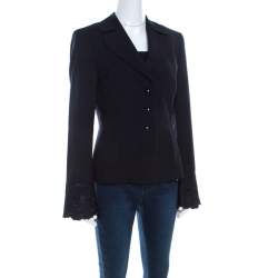 Escada Navy Blue Crepe Wool Embroidered Cuff Trim Button Front Blazer M