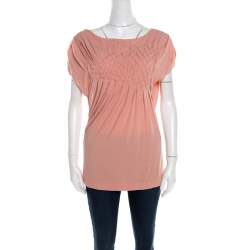 Escada Bellini Pink Diamond Pattern Pleated Jersey Cap Sleeve Estrelle Top M
