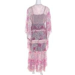 Pre Owned Escada Pink Abstract Print Crepe Silk Bead Embellished Kleid Maxi Dress M