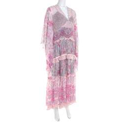 Pre Owned Escada Pink Abstract Print Crepe Silk Bead Embellished Kleid Maxi Dress M