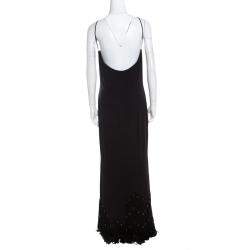 Escada Black Crepe Silk Sequin Embellished Fringed Hem Evening Dress M