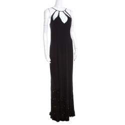 Escada Black Crepe Silk Sequin Embellished Fringed Hem Evening Dress M