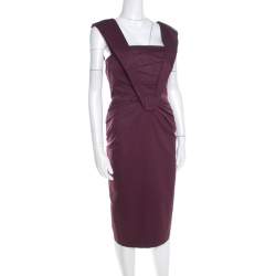 Pre Owned Escada Purple Cotton Stretch Pleated Bodice Detail Sleeveless Pencil Dress M