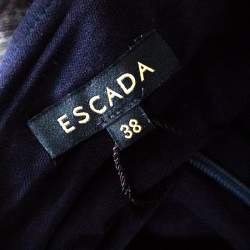 Pre Owned Escada Navy Blue Striped Foil Print Jersey Draped One Shoulder Eyline Dress M