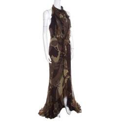Escada Green and Brown Fauna Print Plisse Silk Ruffled Halter Maxi Dress M