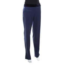 Escada Blue Stretch Wool Gabardine Velvet Trim High Waist Trousers M