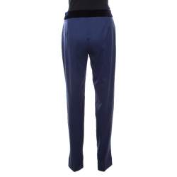 Escada Blue Stretch Wool Gabardine Velvet Trim High Waist Trousers M