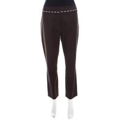 Pre Owned Escada Mocca Brown Stretch Cotton Embroidered Waist Detail Cropped Pants L
