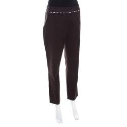 Pre Owned Escada Mocca Brown Stretch Cotton Embroidered Waist Detail Cropped Pants L