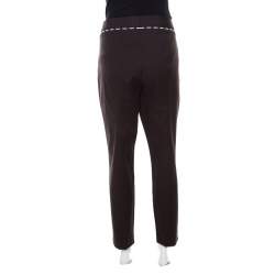 Pre Owned Escada Mocca Brown Stretch Cotton Embroidered Waist Detail Cropped Pants L