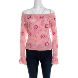 Escada Pink Tulle Overlay Floral Embellished Off Shoulder Blouse L