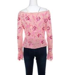 Escada Pink Tulle Overlay Floral Embellished Off Shoulder Blouse L