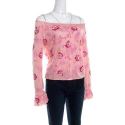 Escada Pink Tulle Overlay Floral Embellished Off Shoulder Blouse L
