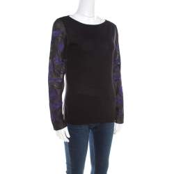 Pre Owned Escada Black Silk Wool Knit Floral Embroidered Long Sleeve Top S