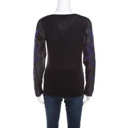 Pre Owned Escada Black Silk Wool Knit Floral Embroidered Long Sleeve Top S