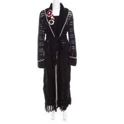 Escada Black Crochet Knit Floral Applique Scalloped Tassel Edge Long Cardigan L