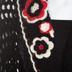Escada Black Crochet Knit Floral Applique Scalloped Tassel Edge Long Cardigan L