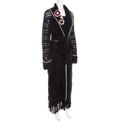 Escada Black Crochet Knit Floral Applique Scalloped Tassel Edge Long Cardigan L