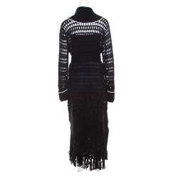 Escada Black Crochet Knit Floral Applique Scalloped Tassel Edge Long Cardigan L