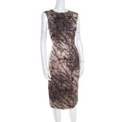 Escada Grey Mosaic Print Textured Silk Wool Sheath Dress L