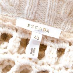 Escada Cream Crochet Knit Floral Applique Scalloped Tassel Edge Long Cardigan L