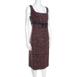 Pre Owned Escada Multicolor Tweed Denim Bow Detail Sleeveless Shift Dress XL