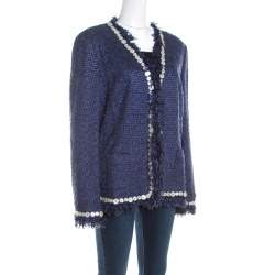 Escada Blue Textured Fringed Edge Button Embellished Boucle Jacket XL