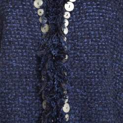 Escada Blue Textured Fringed Edge Button Embellished Boucle Jacket XL