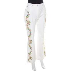 Pre Owned Escada White Cotton Stretch Denim Floral Embroidered Detail Flared Trousers M