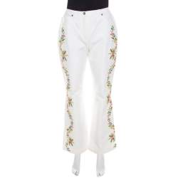 Pre Owned Escada White Cotton Stretch Denim Floral Embroidered Detail Flared Trousers M