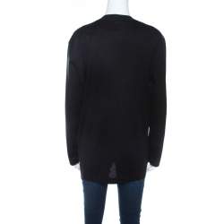 Pre Owned Escada Black Rib Knit Cotton Embellished Clock Applique Long Sleeve Top L