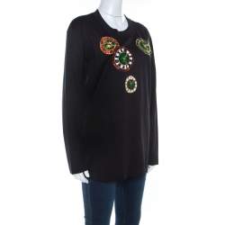 Pre Owned Escada Black Rib Knit Cotton Embellished Clock Applique Long Sleeve Top L