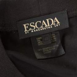 Pre Owned Escada Black Rib Knit Cotton Embellished Clock Applique Long Sleeve Top L