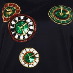 Pre Owned Escada Black Rib Knit Cotton Embellished Clock Applique Long Sleeve Top L