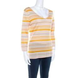 Pre Owned Escada Beige And Orange Stripes Knit Long Sleeve Top L